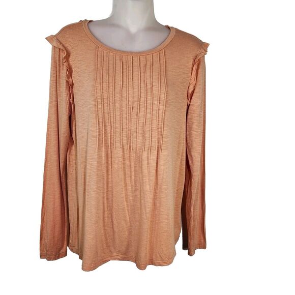 Aerie Real Soft Womens T Shirt Medium Orange Long Ruffle Sleeve Pleated Stretch - Picture 1 of 9